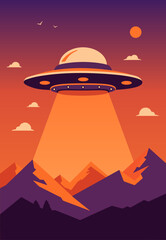 World UFO Day concept vector illustration with alien flying saucer spaceship in night sky © Olesya