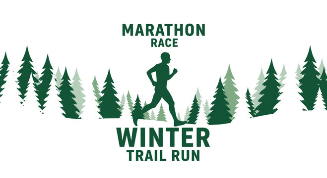 Winter Marathon Race Trail Running Silhouette In A Forest Design With Green Trees