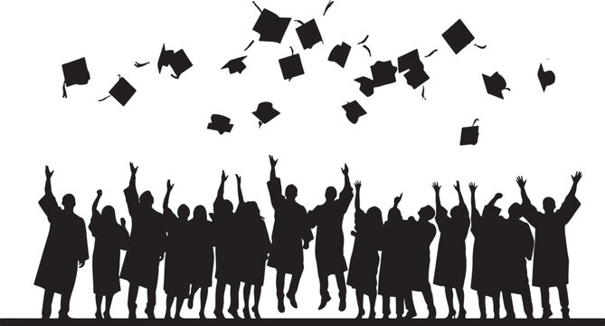 Large Group of Graduates Silhouettes Throwing Caps in the Air in Celebration, Graduation Ceremony and Success Concept