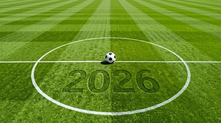 Obraz premium Soccer ball resting on a green football pitch marked with the year 2026