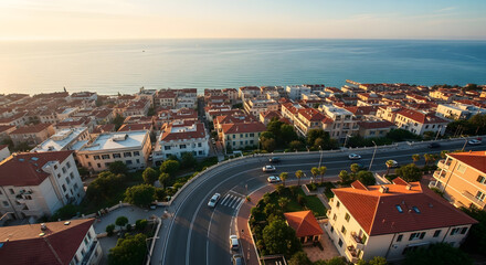 Obraz premium Aerial view of a coastal town with a curved road and redtiled buildings by the sea