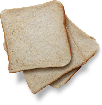 Bread slices made of soft white wheat dough are arranged in a neat stack against a clean white background.