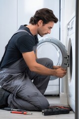 Obraz premium Portrait of Calm Appliance Engineer Seated on Floor Repairing Washing Machine Panel