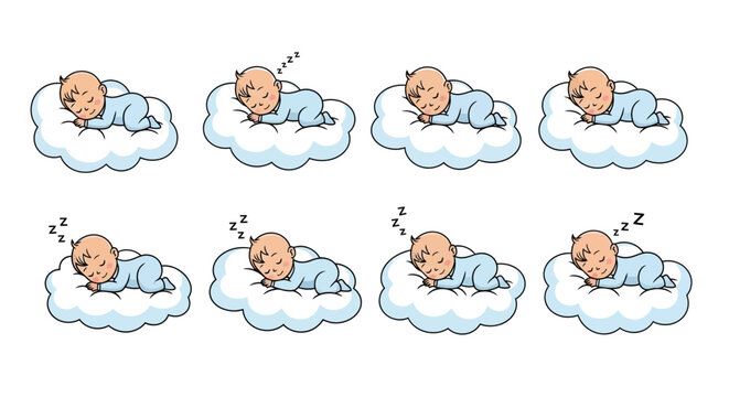 Sleeping babies illustrated on fluffy clouds in a repeating pattern