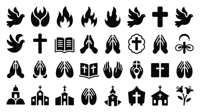 Black and white icons of religious symbols praying hands bible churches and doves simplified cartoon style vector art collection