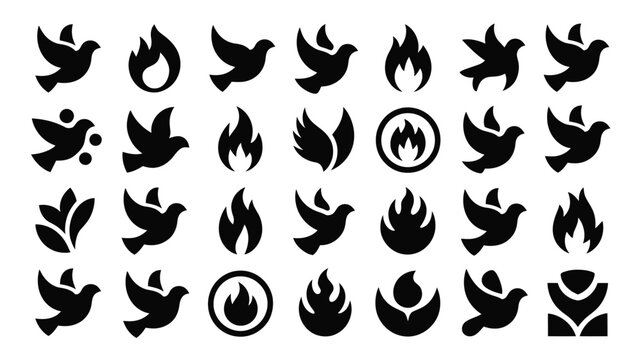 Black silhouette icons featuring doves flames and abstract symbols arranged in a modern grid layout