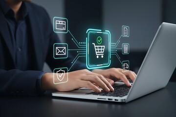 Obraz premium E-commerce order management system. Fulfillment operations software for online store. Businessman using laptop computer to process orders. data analytics, supply chain.Concept of digital logistics