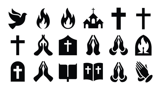 Black silhouette icons of religious symbols including crosses dove flames praying hands and bible illustrations for spiritual themes