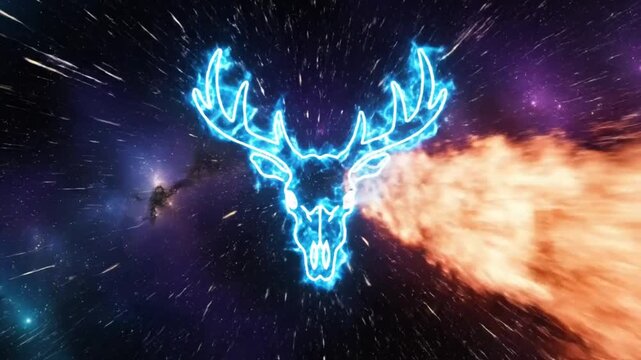 Epic glowing neon buck skull with large antlers in vibrant interstellar space tunnel with cosmic explosions