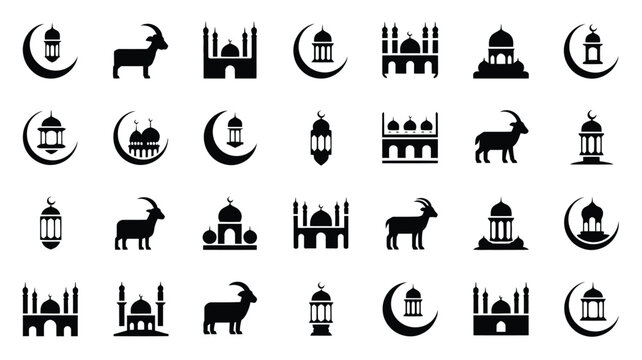 Black and white silhouettes of mosques lanterns crescent moons and goats in a minimalist islamic themed collection for eid al adha celebrations