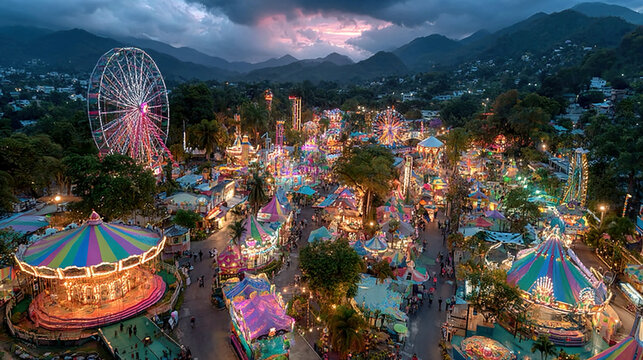 Vibrant amusement park filled with roller coasters, ferris wheel, bright lights, and exciting attractions creating a lively and fun atmosphere for an unforgettable family vacation adventure