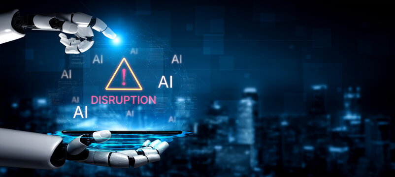 Disruption warning future of work, featuring AI agents replacing human jobs. Represents labor unemployment, corporate automation cost shift, and need for new career reskilling and upskilling. Corpus