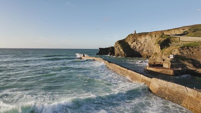 Seascape at storm from a drone, Portreath, Redruth, Cornwall