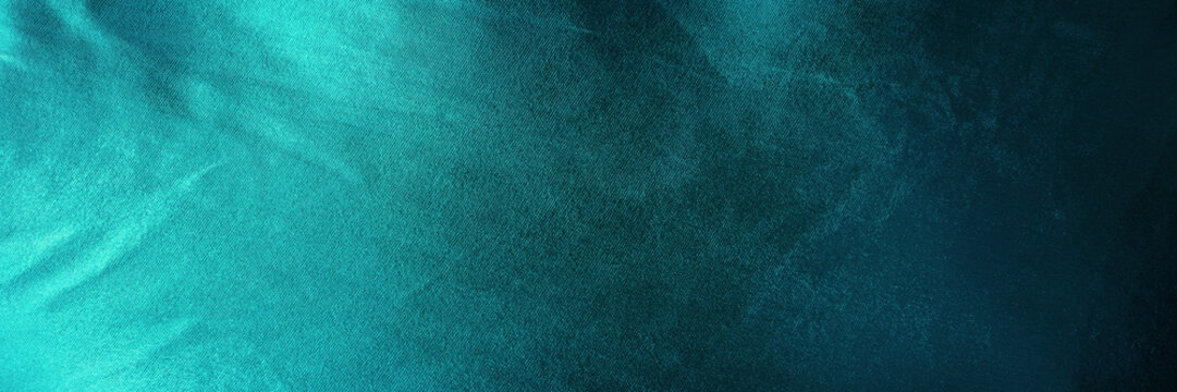 Black dark light green blue turquoise cyan aqua teal silk. Shiny shimmer silky smooth fabric background. Color gradient. Empty blank minimal template design ad. Wide banner. Panoramic.
