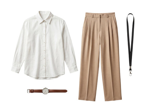 Minimalist smart casual outfit featuring white shirt, beige pleated trousers, watch, and lanyard.