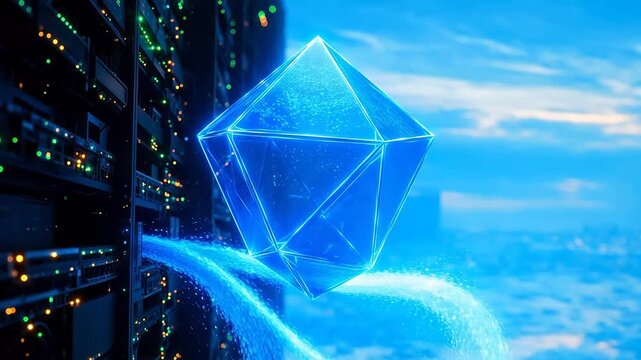 Blue crystal in server room symbolizing peace, mindfulness, and relaxation