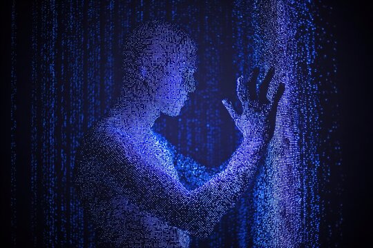 Human silhouette composed of blue glowing digital particles and pixels on dark background as concept of artificial intelligence and cyber human