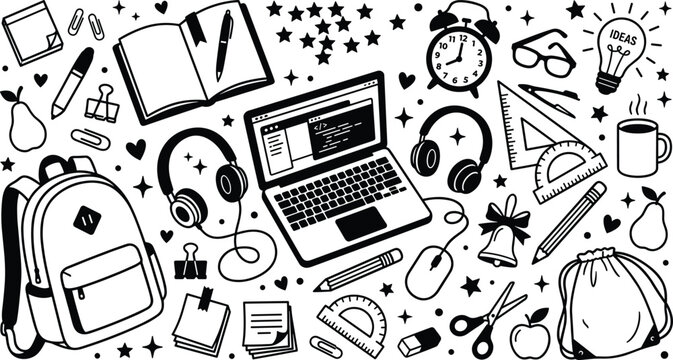 School and study items collection, academic stationery vector illustration, education artwork design graphic - black and white line illustration