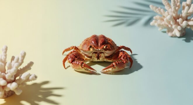 Close up of a crab with coral and a shadow on a smooth colorful backdrop