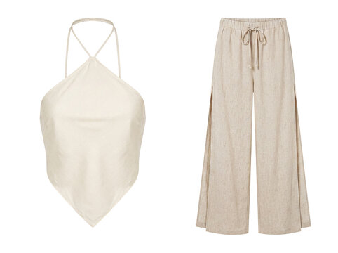 Chic women's summer resort wear featuring a cream halter neck top and light linen wide-leg pants on transparent.