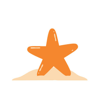 Cute cartoon orange starfish on sand, isolated on white background, vector illustration