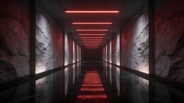 Long corridor with red lights and stone walls