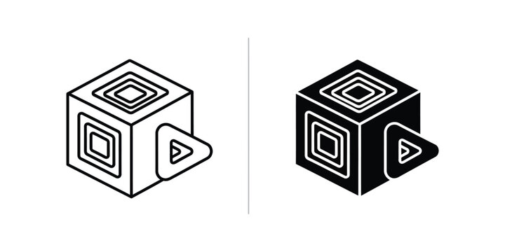 Isometric cube icons with contrasting play button symbols in light and dark themes