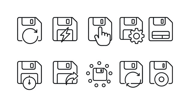 Collection of floppy disk icons representing save, refresh, and settings actions