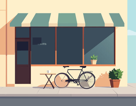  Bicicleta apoyada frente a un caf&eacute; con ventana y mesa exterior.
