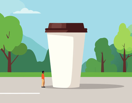  Vaso gigante de caf&eacute; en parque con persona peque&ntilde;a en estilo plano, ilustraci&oacute;n vectorial.
