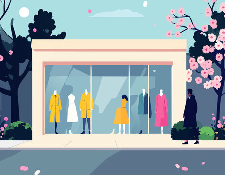  Escaparate de tienda de ropa con maniqu&iacute;es en ciudad con &aacute;rboles en flor en estilo plano, ilustraci&oacute;n vectorial.
