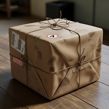 Brown paper-wrapped package tied with string, marked "Fragile.