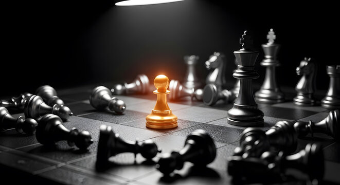 Golden Pawn Standing Out Among Fallen Chess Pieces | Leadership Success and Strategic Business Metaphor | Unique Individual Shining in Competitive Environment | Dramatic Spotlight Victory