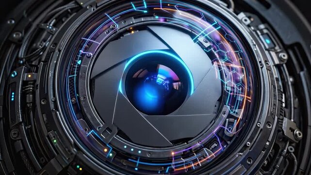 Extreme macro close up of a highly advanced futuristic camera lens featuring a mechanical iris and bright glowing neon blue digital circuits. Cyber technology, modern video concept.
