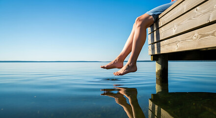 Person sitting on a wooden dock with feet dangling over the calm water of a lake © sm.vector