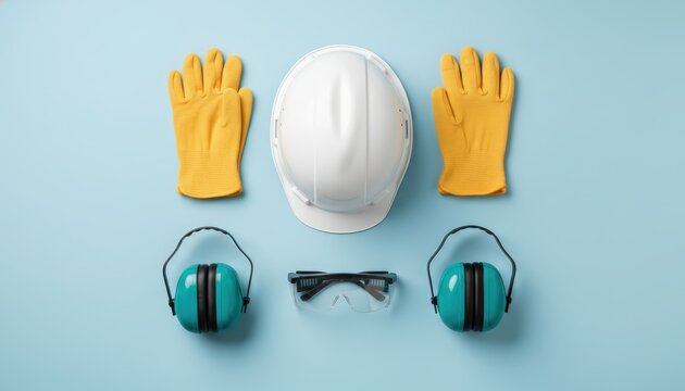 Flat Lay of Organized Personal Protective Equipment Including Helmet, Gloves, Ear Muffs, and Safety