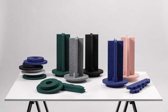 View at multicolored geometrical lamps and lamps' parts