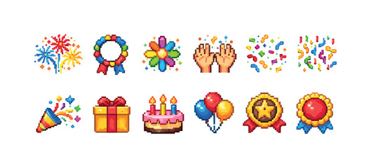 Obraz premium Pixel art celebration icons for birthdays and special events, festive collection