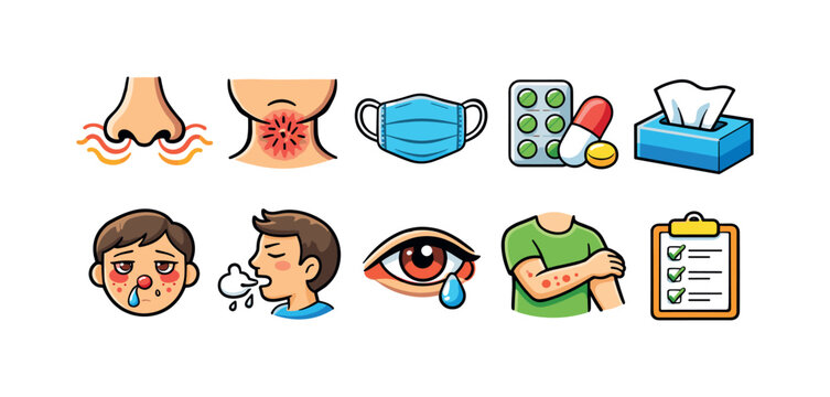 Set of icons illustrating common allergy symptoms and treatments for health awareness