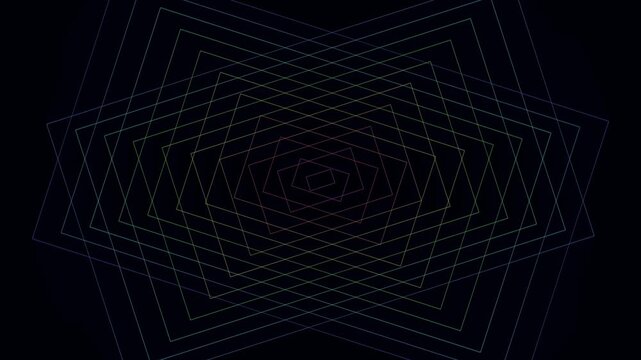 Abstract geometric line animation, rotating thin wireframe squares on black background, minimalist motion graphics for digital technology and modern design