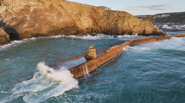 Seascape at storm from a drone, Portreath, Redruth, Cornwall