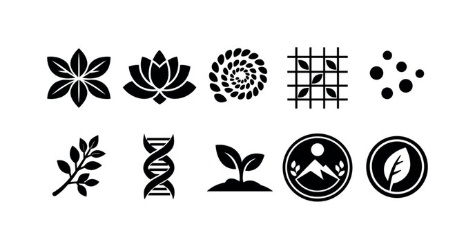 Collection of botanical and scientific icons representing nature and growth