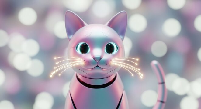 Futuristic cybernetic cat portrait in digital render with bokeh background