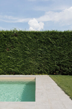 Outdoor swimming pool with hedge and blue sky