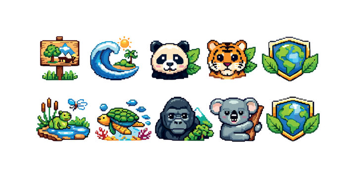 Cute pixel art icons celebrating nature and endangered animals