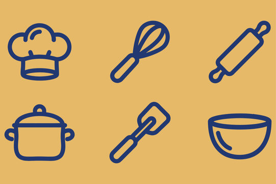Minimalist Kitchen Tool Icons Set, Thick Line Art Chef Hat and Cooking Utensil