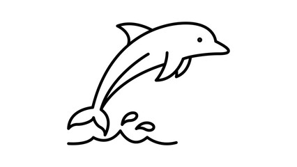 Minimalist black line vector icon of a playful dolphin jumping out of ocean waves with water splashes. This hand-drawn outline illustration features an editable stroke for custom line weight. © Mustafa