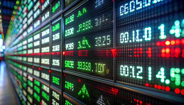 Macro close-up of a digital stock market ticker board. Pixelated LED-style white text