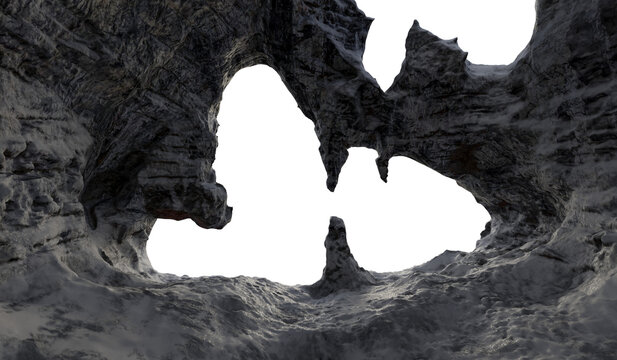Dark Rocky Cave Interior With Natural Arch, Stalagmite and Stalactite Openings &mdash; 3D Rendering