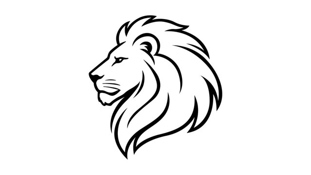 Majestic lion head profile vector illustration, minimalist black line art icon of a wild king lion with a flowing mane, side view animal symbol on white background, scalable graphic design element.